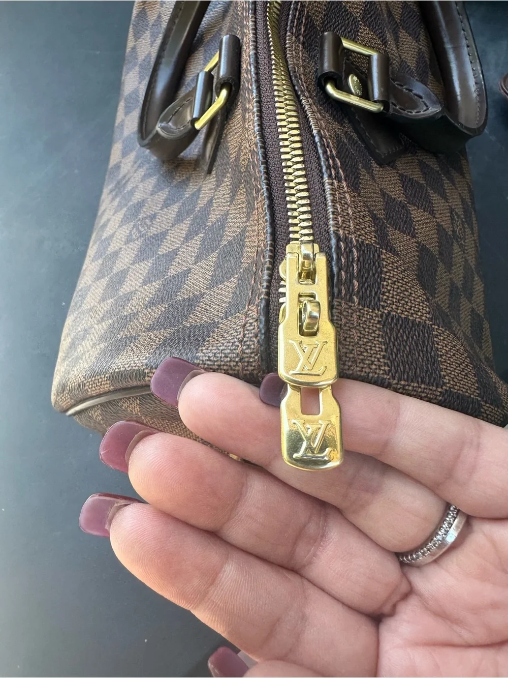 Louis Vuitton Brown Damier Ebene Check Tote with Gold Hardware
